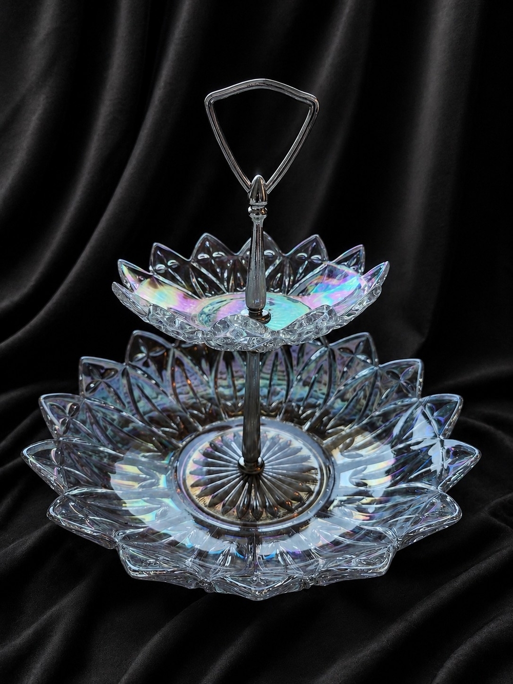 Vintage Iridescent Two Tier Platter Petal Starburst with Handle By Federal Glass